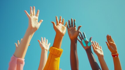 A lively photo of multiple hands of varying skin tones raised upwards against a clear blue sky, symbolizing hope and unity in an outdoor setting.