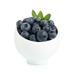 Bowl with fresh blueberries and leaves on white background