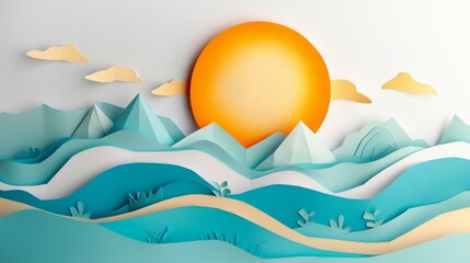 A captivating paper art piece showcasing a serene landscape with mountains, gentle clouds, and a bright sun setting behind the peaks, creating a picturesque scene.
