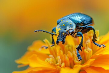 Naklejka premium This detailed image captures a close-up view of a black beetle with pollen on its body, perched on a vibrant orange flower, showcasing nature's intricate details.
