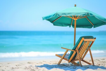 A serene beach scene featuring a wooden chair under a large green umbrella on the sand, with the blue ocean in the background, evoking feelings of relaxation and escape.