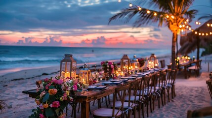 Beach reception at dusk, tables set with lanterns and flowers, gentle waves in the background, sky transitioning to twilight