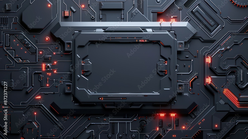 Poster futuristic high-tech digital circuit board with glowing red elements