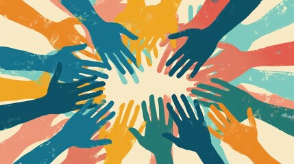 Colorful hands reaching out from different directions, symbolizing unity.