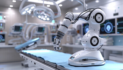In the operating room, a robotic arm is placed on the surgical table for procedures