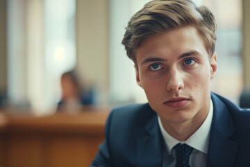 Fototapeta premium A young professional man gazing thoughtfully to the side, seated in a corporate office, reflecting on work or future plans, highlighting a blend of introspection and ambition.