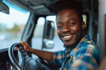 Obraz premium In this image, a happy man wearing casual attire is captured driving a vehicle outdoors, his beaming smile reflecting a sense of freedom and enjoyment.