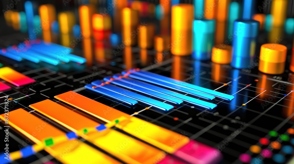 Poster vibrant 3d charts and graphs on dark background with ample text space