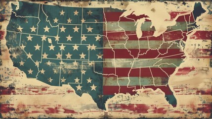 A retro map of the United States covered with the American flag's colors and patterns, featuring a unique distressed look and a split star-striped design.