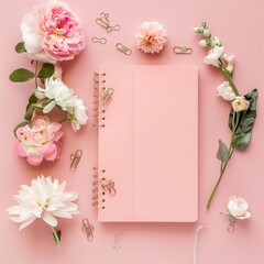 Beautiful flowers, paper clips, and a notebook arranged on a pink backdrop.