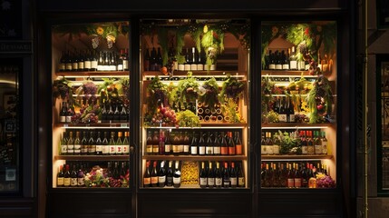 Vibrant wine store window with a variety of wine bottles and decorative plants. Beautifully illuminated display ideal for promoting beverage storefronts. Eye-catching and inviting wine shop scene. AI