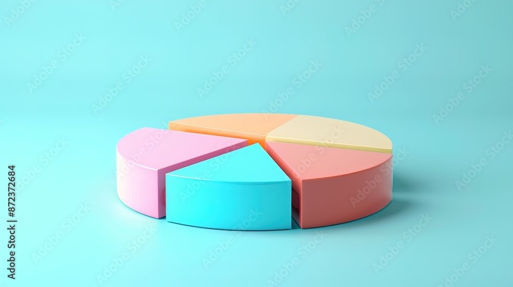 Poster vibrant 3d pie chart illustrating data analysis on light blue backdrop with copy space.