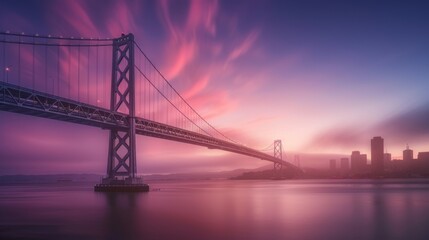 Obraz premium An enchanting view of a long bridge at twilight, stretching across calm waters, with the sky painted in hues of pink and purple, representing the peaceful transition between day and night.