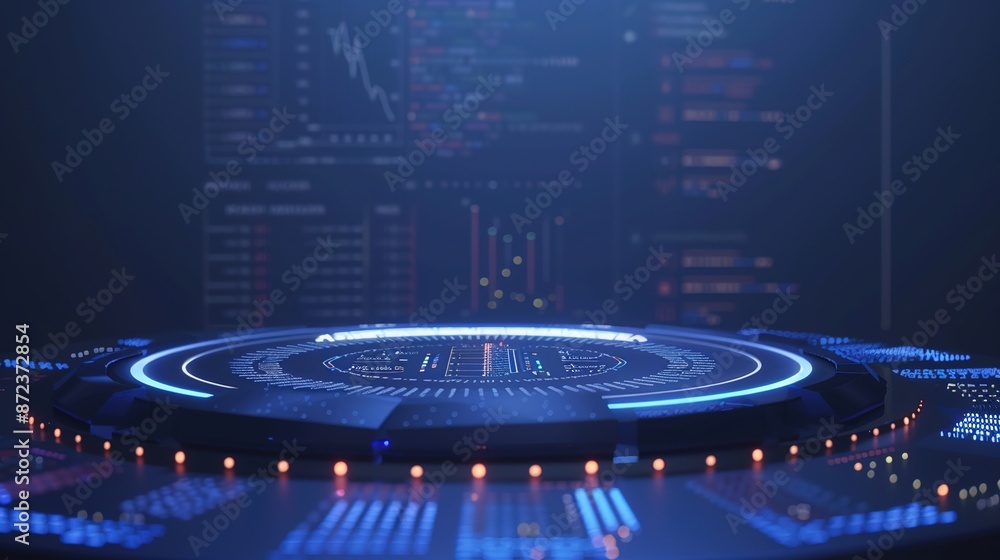 Poster digital technology concept - futuristic 3d financial dashboard with copy space on blue background