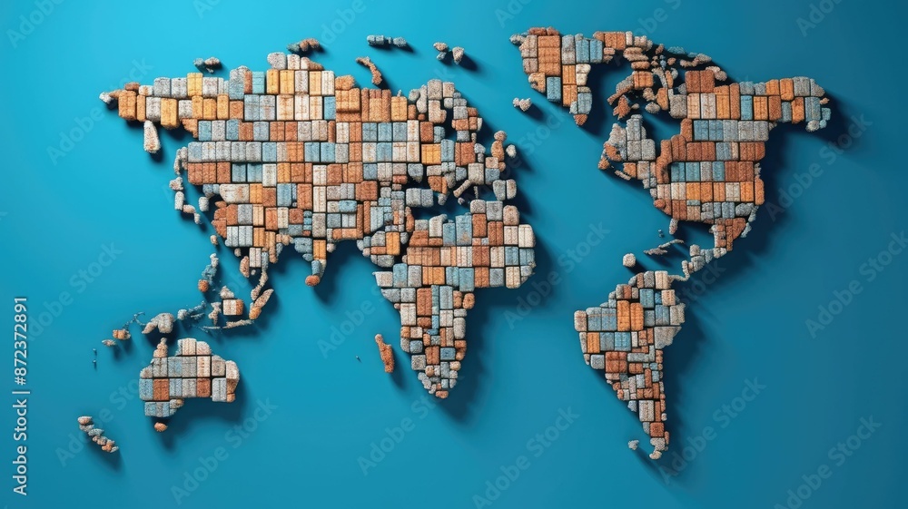 Poster world map constructed from colorful shipping containers. the containers are arranged on a flat, blue