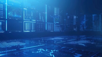 Futuristic 3D Financial Dashboard with Copy Space on Blue Background