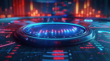 Futuristic 3D Financial Dashboard on Blue Background with Copy Space