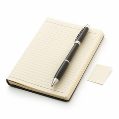 Notebook, pen, and sticky note on white background. Notebook is closed with pen on top. Sticky note is to the right of notebook and pen.