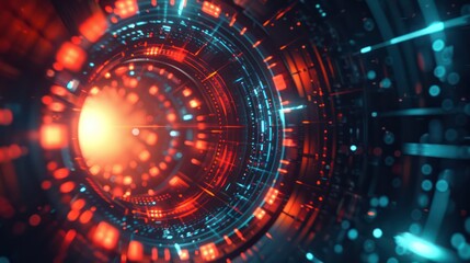 Futuristic Digital Tunnel with Neon Lights and Glowing Particles
