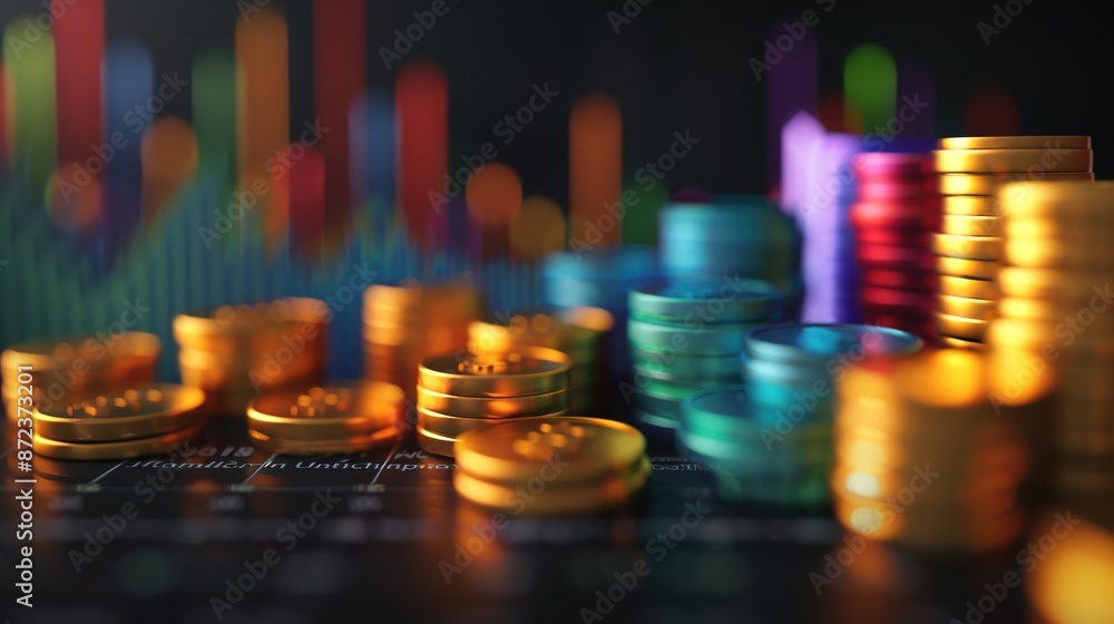 Poster dynamic 3d investment elements over black background for financial concepts with copy space, no peop