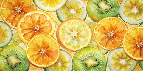 Fresh, juicy, delicious lemon, orange, pineapple, kiwi cross-sections, vibrant colors and details, bright depiction