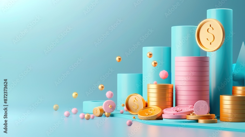 Poster detailed 3d investment icons on gradient background with copy space
