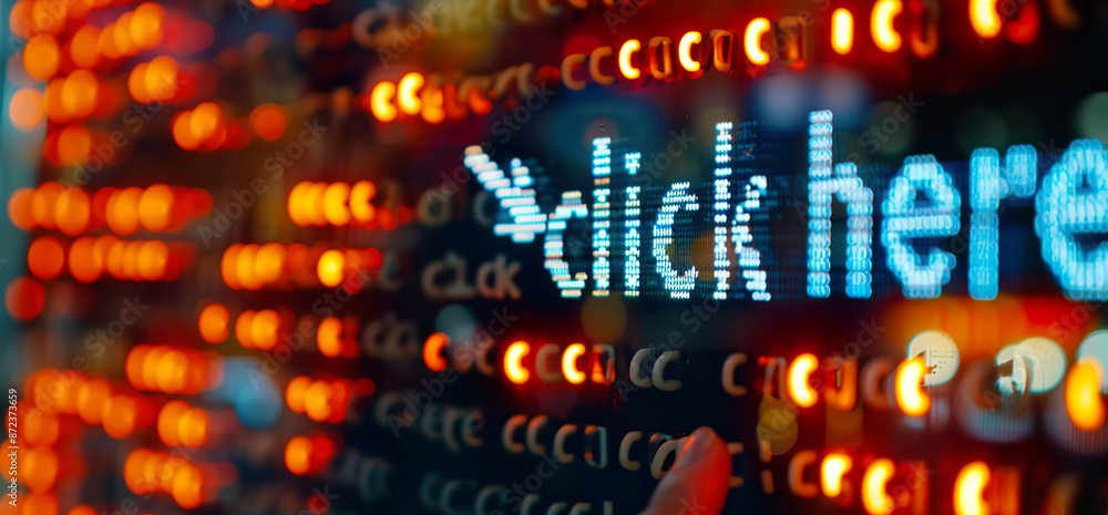 Poster digital sign with 'click here' text in led lights
