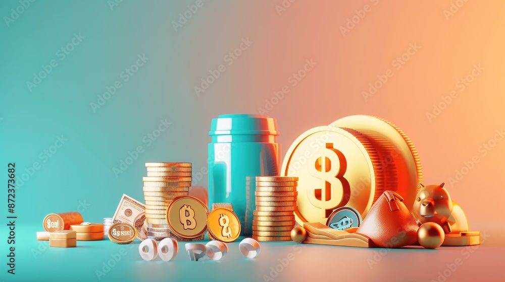 Poster detailed 3d investment icons on gradient background with copy space