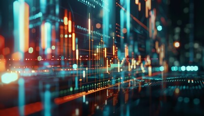 Obraz premium Dynamic Financial Market Display with Stock Charts and City Lights
