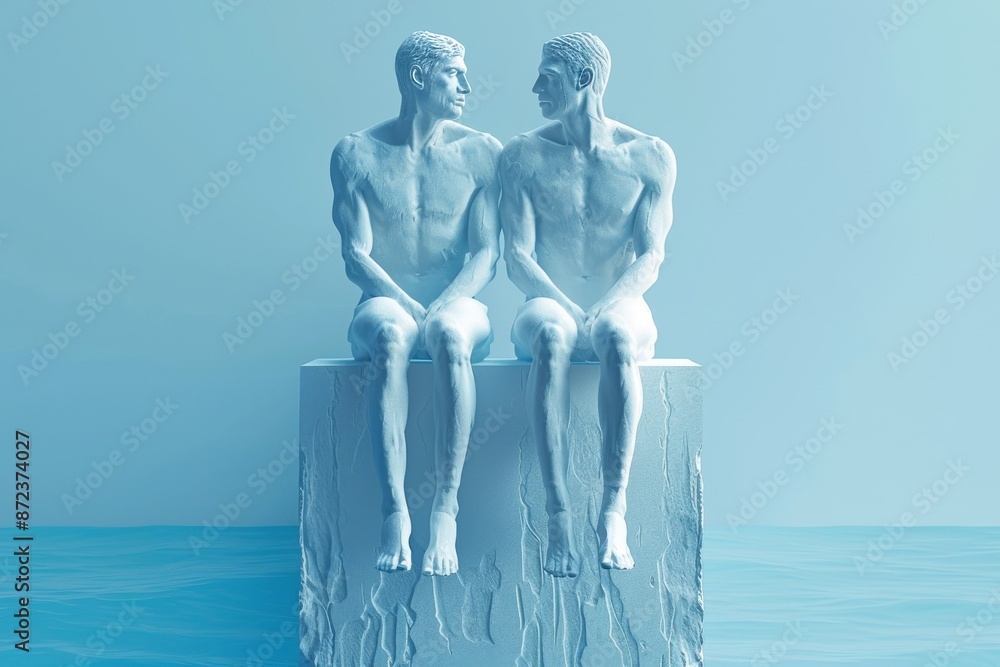 Poster minimalist sculpture of two figures sitting symbolizing love and unity in a modern elegant design