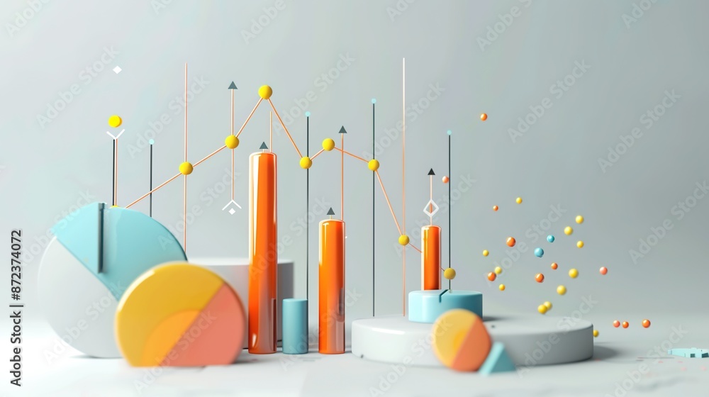 Poster dynamic 3d financial metrics concept with copy space on light grey background