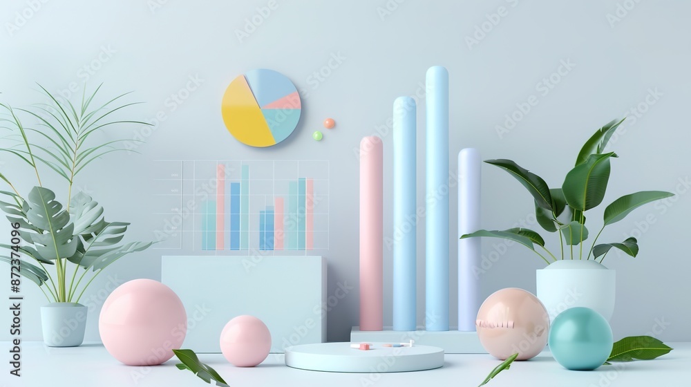 Poster dynamic 3d financial metrics on light grey background with copy space