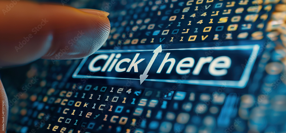 Poster digital screen with 'click here' text and hand pointing