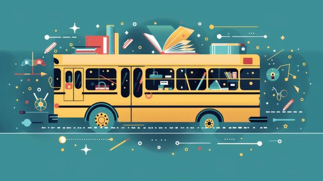 A vibrant illustration of a school bus with various educational tools and symbols arranged around it, signifying the importance of learning and transportation in education.