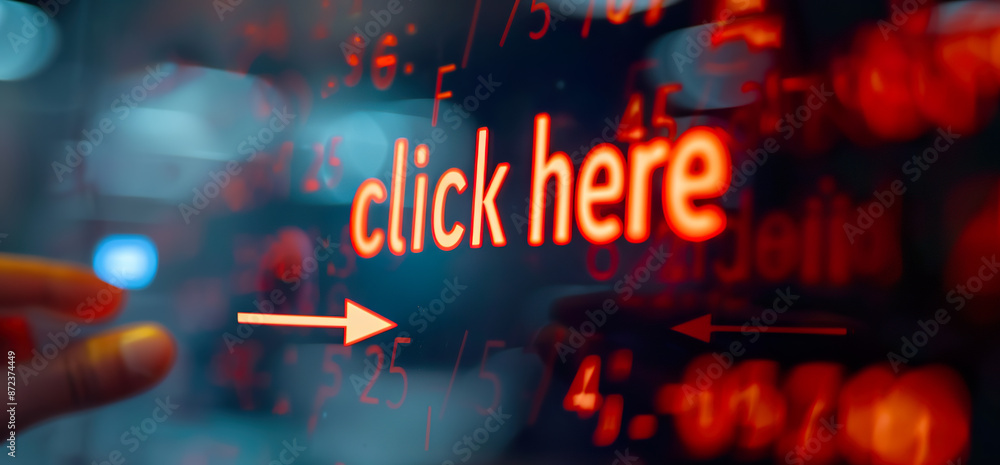 Poster digital screen with 'click here' text and hand pointing