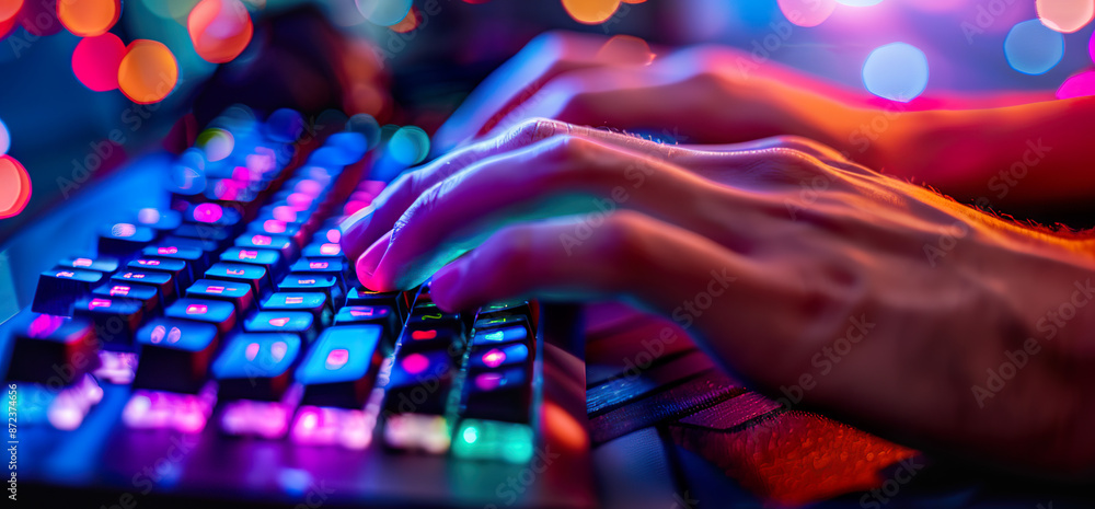 Poster typing on a colorful backlit mechanical keyboard
