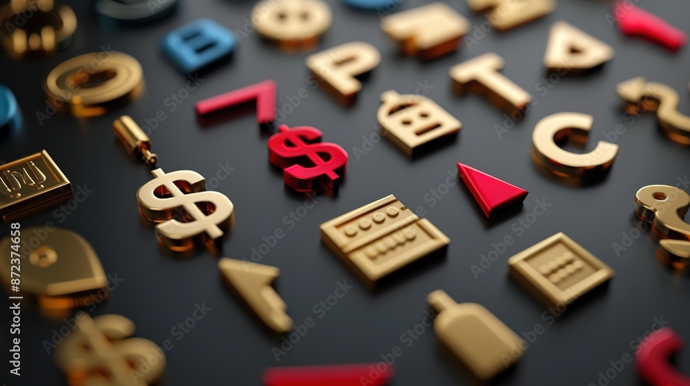 Poster Sleek Minimalistic 3D Financial Icons on Black Background with Ample Text Space