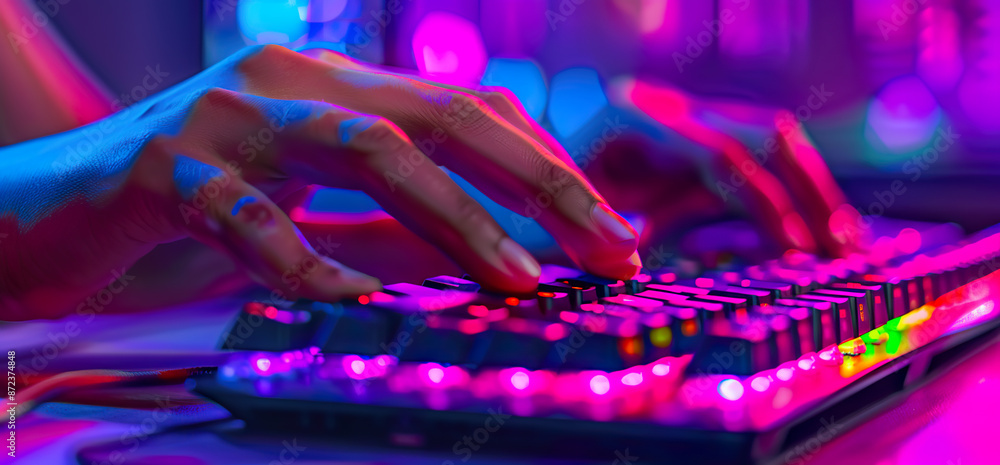 Poster typing on a colorful backlit mechanical keyboard
