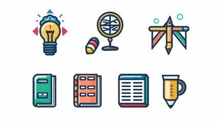 Collection of creative education-themed icons featuring a lightbulb, globe, pencils, and books, symbolizing ideas, global learning, and academic resources in a colorful style.