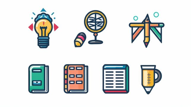 Collection of creative education-themed icons featuring a lightbulb, globe, pencils, and books, symbolizing ideas, global learning, and academic resources in a colorful style.