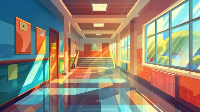 A vibrant school hallway bathed in sunlight, showcasing blue and orange walls, neatly placed lockers, and a staircase leading to another floor, giving a warm feeling. - Powered by Adobe
