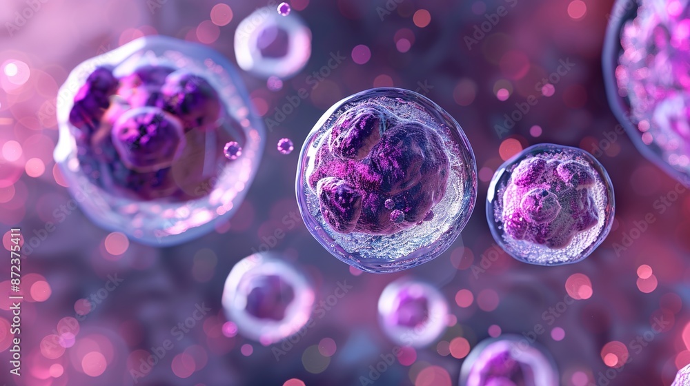 Poster vibrant 3d render of biological cells floating on a soft purple background with negative space for m