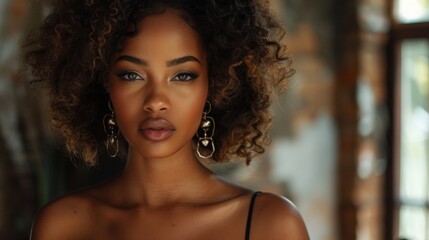 Glamorous Woman with Curly Hair and Earrings. Close-up portrait of a glamorous woman with curly hair and statement earrings, exuding elegance and confidence.