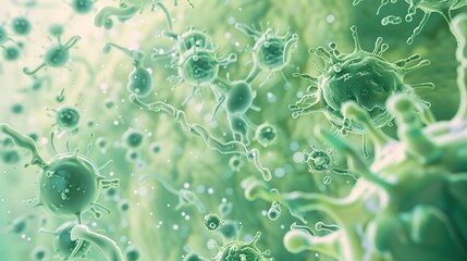 Microscopic World Revealed: Detailed Scientific Illustration of Bacterial Structures on a Serene Pale Green Background