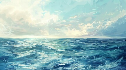 An artistic rendering of a serene ocean with soft, gentle waves under a sky filled with light clouds, emphasizing the calm and beauty of nature in soft pastel hues.