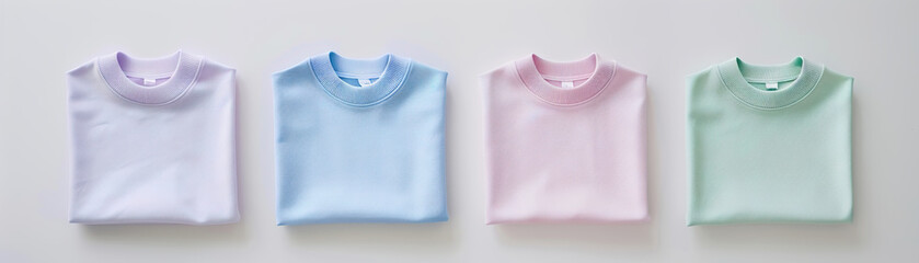 Folded pastel-colored sweatshirts in a row