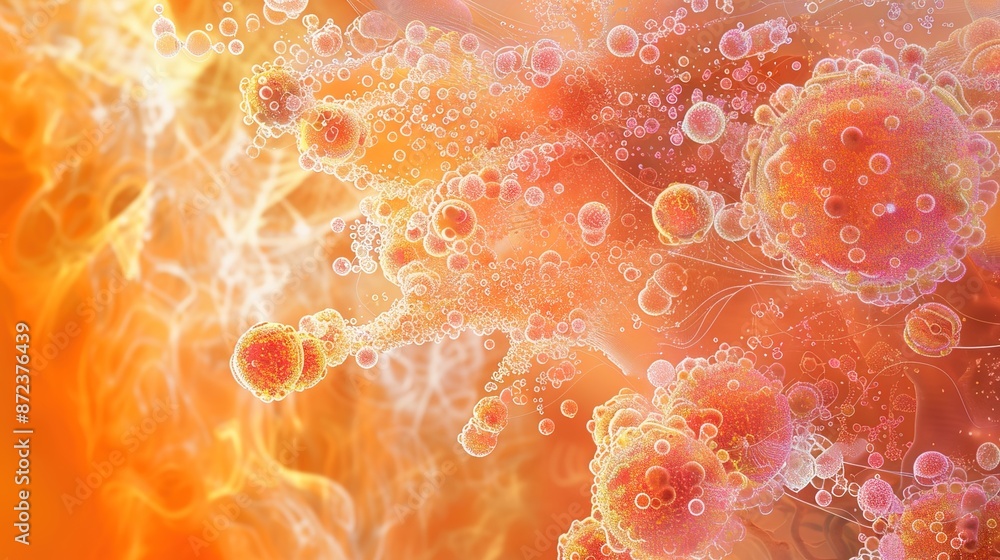 Poster glowing digital visualization of vibrant cellular structures on orange background