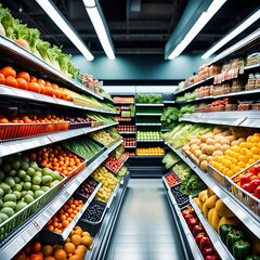 Fototapeta premium Obst und Gemüse frisch bunt sortiert in langen hohen Regalen Kühlregalen zum Verkauf im Supermarkt Produkt Präsentation Angebot Auslage gekühlt sortiert umweltfreundlich unverpackt Bio Naturprodukte 