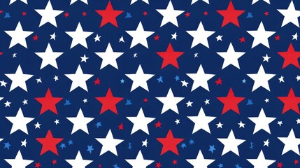 A repeating star pattern with red and white stars spread across a blue background, reflecting a festive and celebratory mood, perfect for decorations and designs.