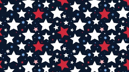 This image showcases a repeating pattern with large and small stars in red, white, and blue on a navy background, ideal for adding a festive and patriotic touch.